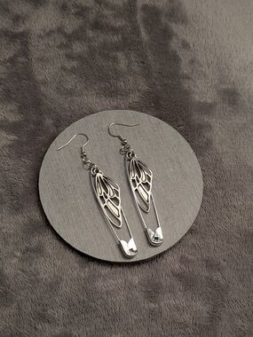 Silver Butterfly Wing Safety Pin Drop Earrings Goth Grunge  Whimsy Whimsygoth